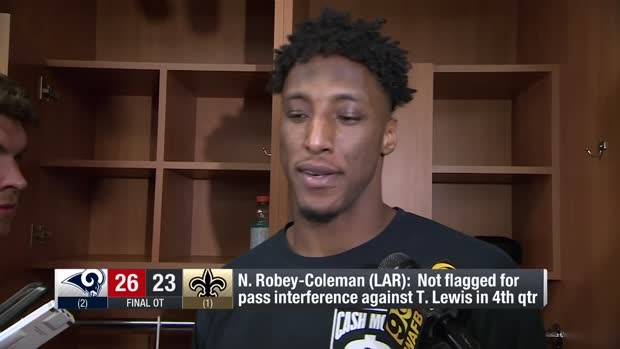 New Orleans Saints wide receiver Tommylee Lewis, Los Angeles Rams cornerback Nickell Robey-Coleman react to no-pass interference call in Rams-Saints New Orleans Saints wide receiver Tommylee Lewis, Los Angeles Rams cornerback Nickell Robey-Coleman react to no-pass interference call in Rams-Saints