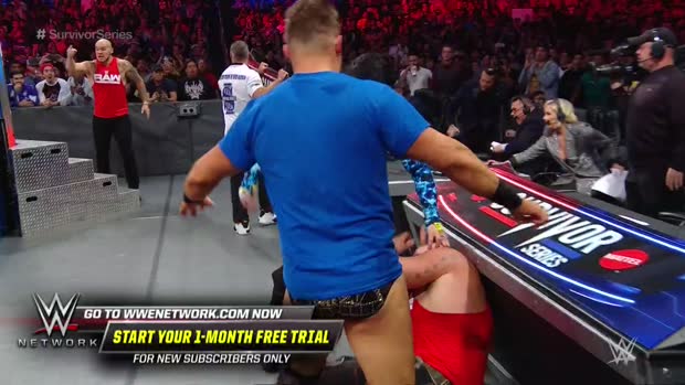 Shane McMahon elbow drops Braun Strowman through announce table: Survivor Series 2018 (WWE Network Exclusive) Shane McMahon elbow drops Braun Strowman through announce table: Survivor Series 2018 (WWE Network Exclusive)