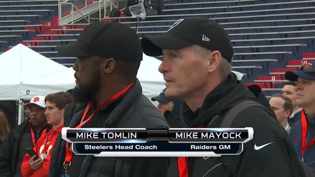 Oakland Raiders general manager Mike Mayock scouts players at Senior Bowl alongside Pittsburgh Steelers head coach Mike Tomlin Oakland Raiders general manager Mike Mayock scouts players at Senior Bowl alongside Pittsburgh Steelers head coach Mike Tomlin