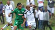 Siyethemba Mnguni of AmaZulu challenges Luvuyo Memela of Orlando Pirates, April 2018