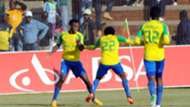 Themba Zwane Percy Tau and Motjeka Madisha of Sundowns