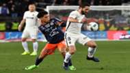 Keagan Dolly of Montpellier with Monaco's Joao Moutinho