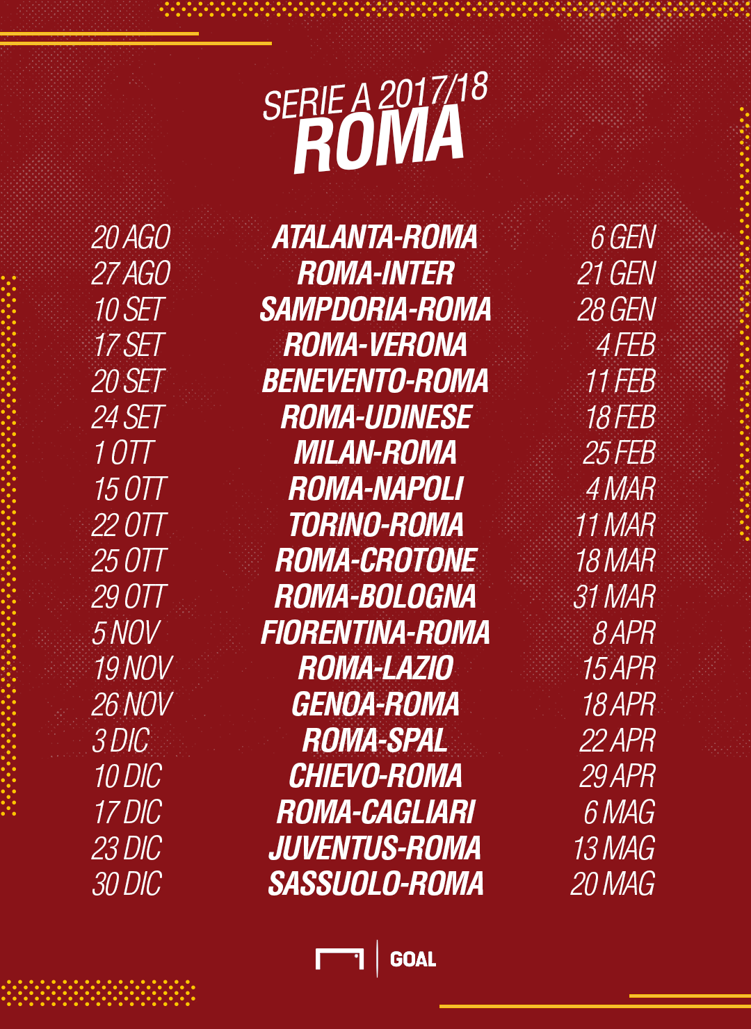 Calendario Serie A Roma 2017/2018 partite e date