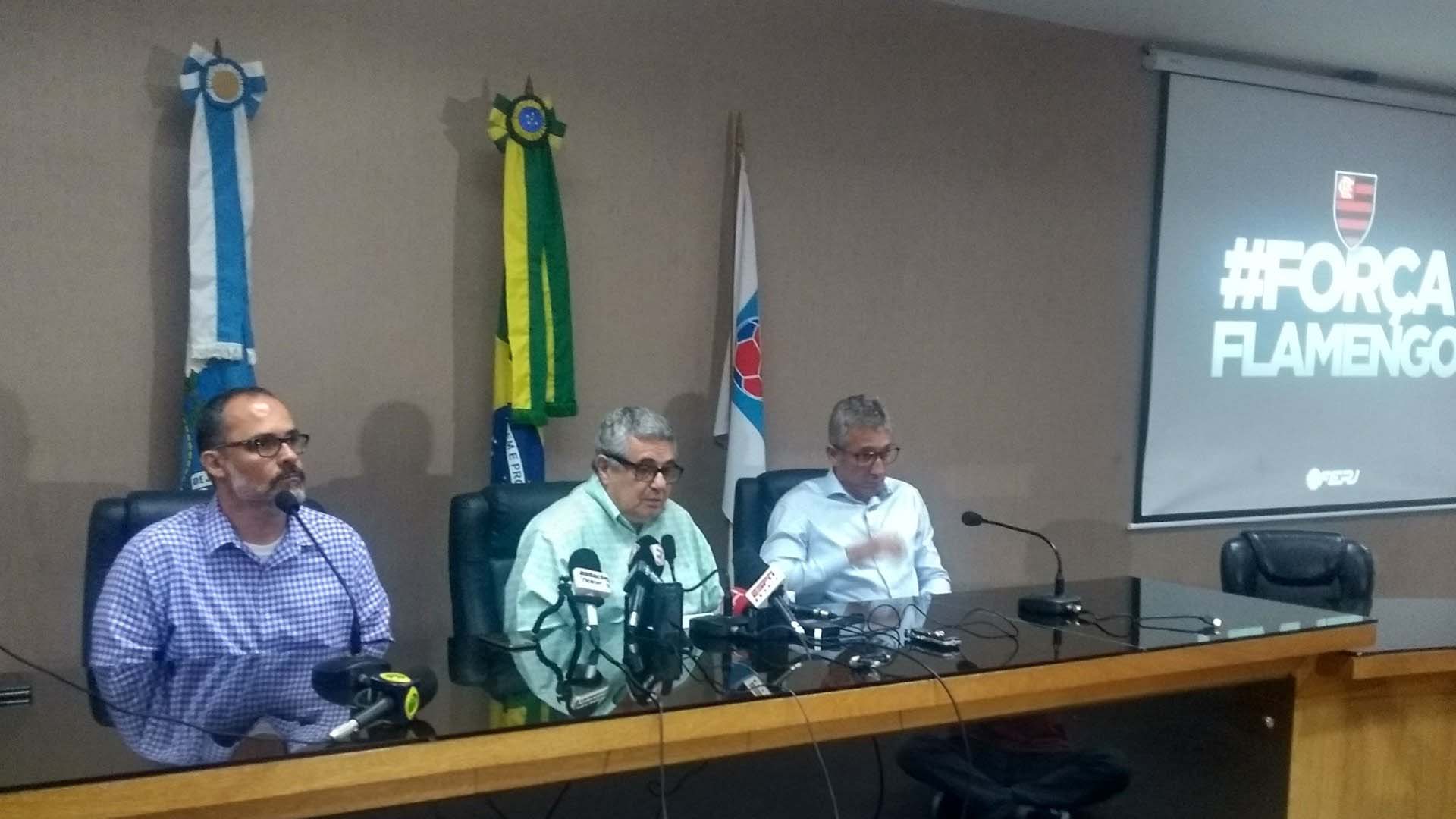 Pedro Abad, Rubens Lopes e Alexandre Campelo reunião Ferj incêndio CT Flamengo 08 02 19
