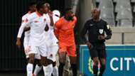 Polokwane City players Sammy Seabi & Harold Ndlovu with referee Cedric Muvhali