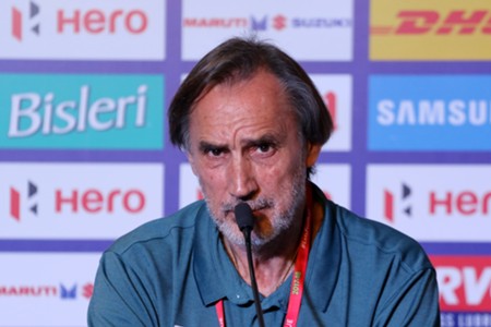 Delhi Dynamos FC coach Miguel Ã§ngel Portugal speaks during the press conference