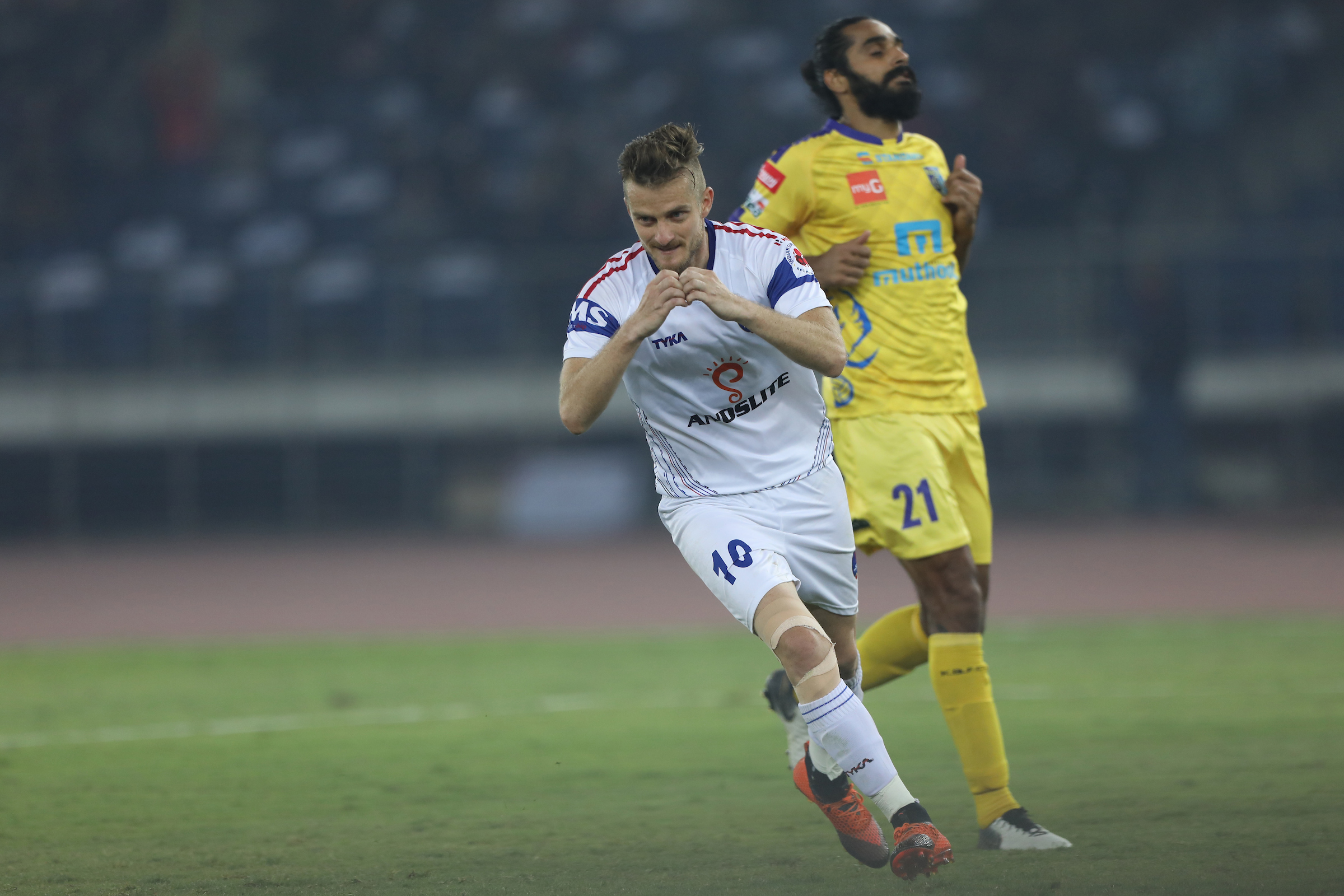 Kerala Blasters' Sandesh Jhingan looks dejected as Rene Mihelic scores the second goal