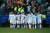Jogadores da Argentina comemoram gol diante do Chile, na Arena Corinthians