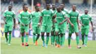 Gor Mahia players Ephraim Guikan Tuyisenge v AFC Leopards.