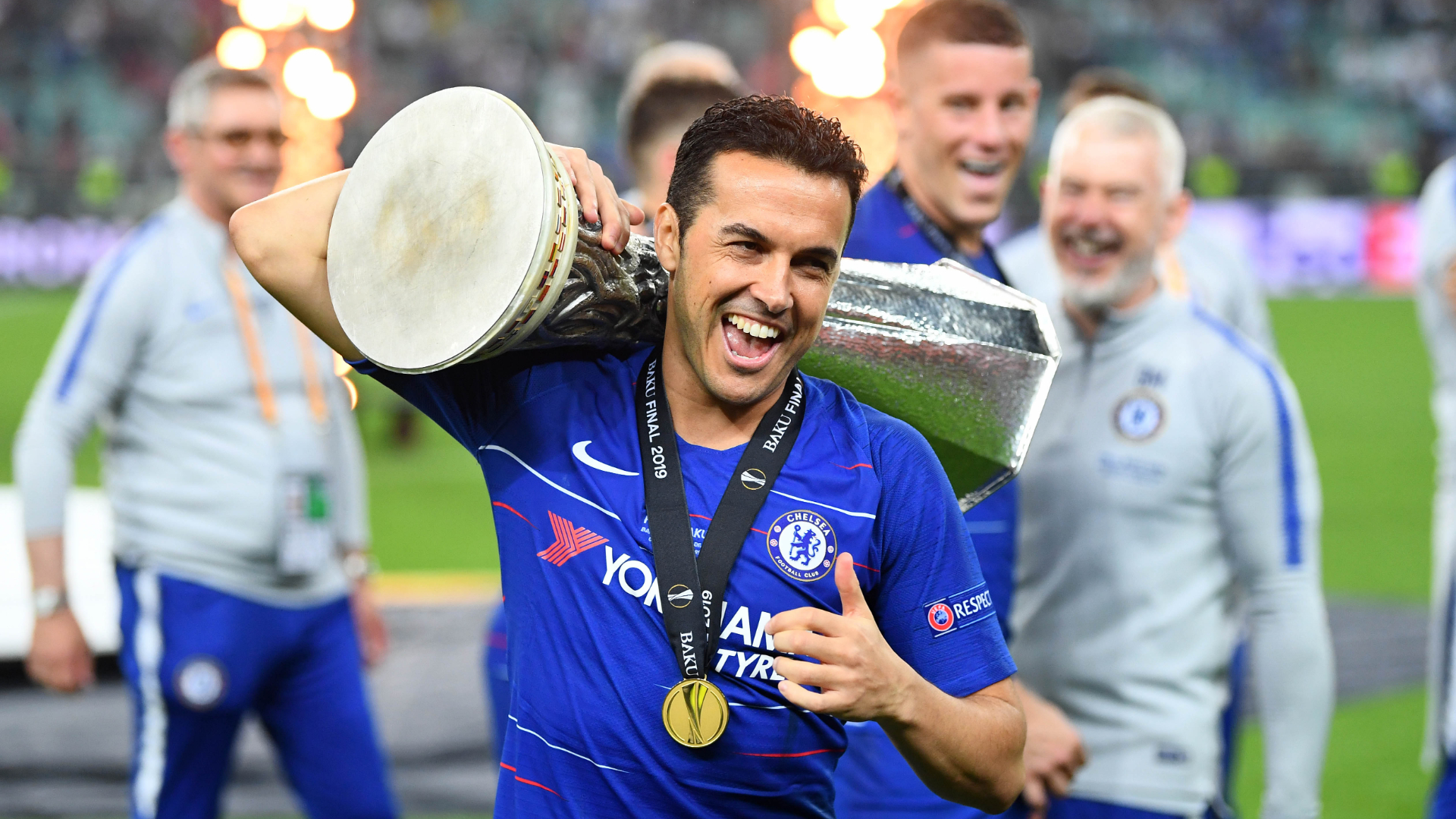 Image result for images of Chelsea Pedro with Europa trophy
