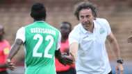 Ugandan striker Erisa Ssekisambu and Gor Mahia coach Hassan Oktay.