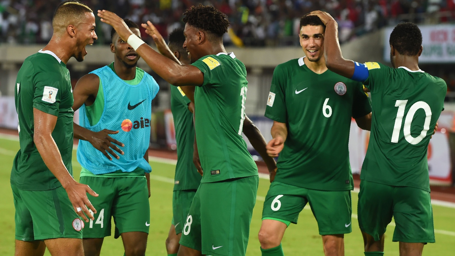 William Troost-Ekong, Leon Balogun and Alex Iwobi of Nigeria