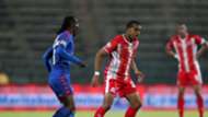 Reneilwe Letsholonyane of SuperSport United challenges by Deolin Mekoa of Maritzburg United
