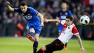 Oussama Idrissi of AZ, and Feyenoord's Kevin Diks