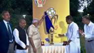 Shri Narendra Modi unveiling the BRICS U-17 Football Tournament trophy