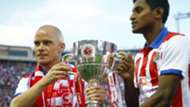 Atletico de Kolkata showcases the Indian Super League trophy to Atletico de Madrid fans