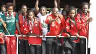 Harambee Starlets were received at JKIA by FKF President Nick Mwendwa