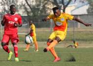 Ulinzi Stars striker Ezekiel Otuoma battles a Muhoroni Youth player