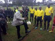 Chief Guest shows Shabana and Kericho Zoo how it is done before kick-off
