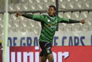 Michael Uchebo of Cercle Brugge celebrates during the Jupiler League match between K.V. Kortrijk and Cercle Brugge on November 9, 2013