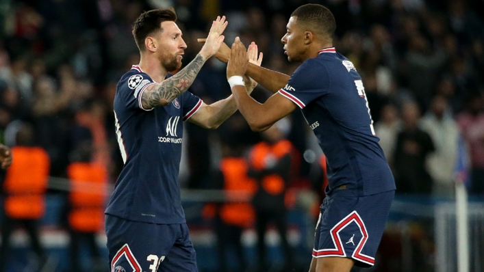 Messi and Mbappe celebrate against RB Leipzig on Tuesday