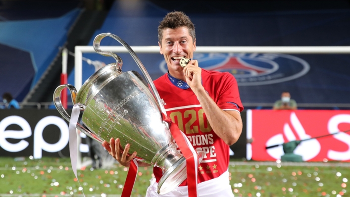 Bayern Munich's Robert Lewandowski celebrates victory over Paris Saint-Germain in 2020