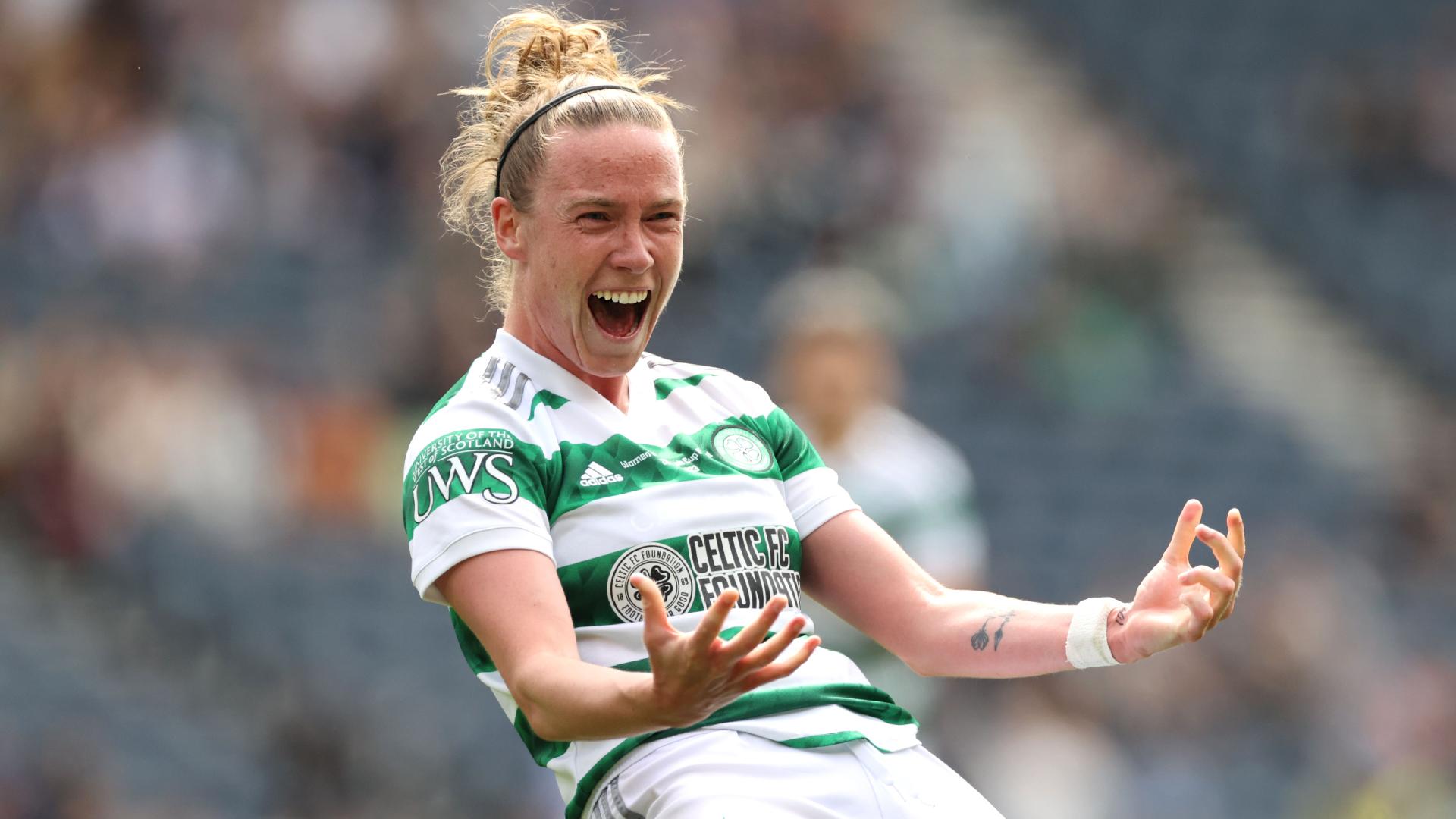 Celtic’s Claire O’Riordan celebrates scoring their side’s second goal against Rangers (Steve Welsh/PA)