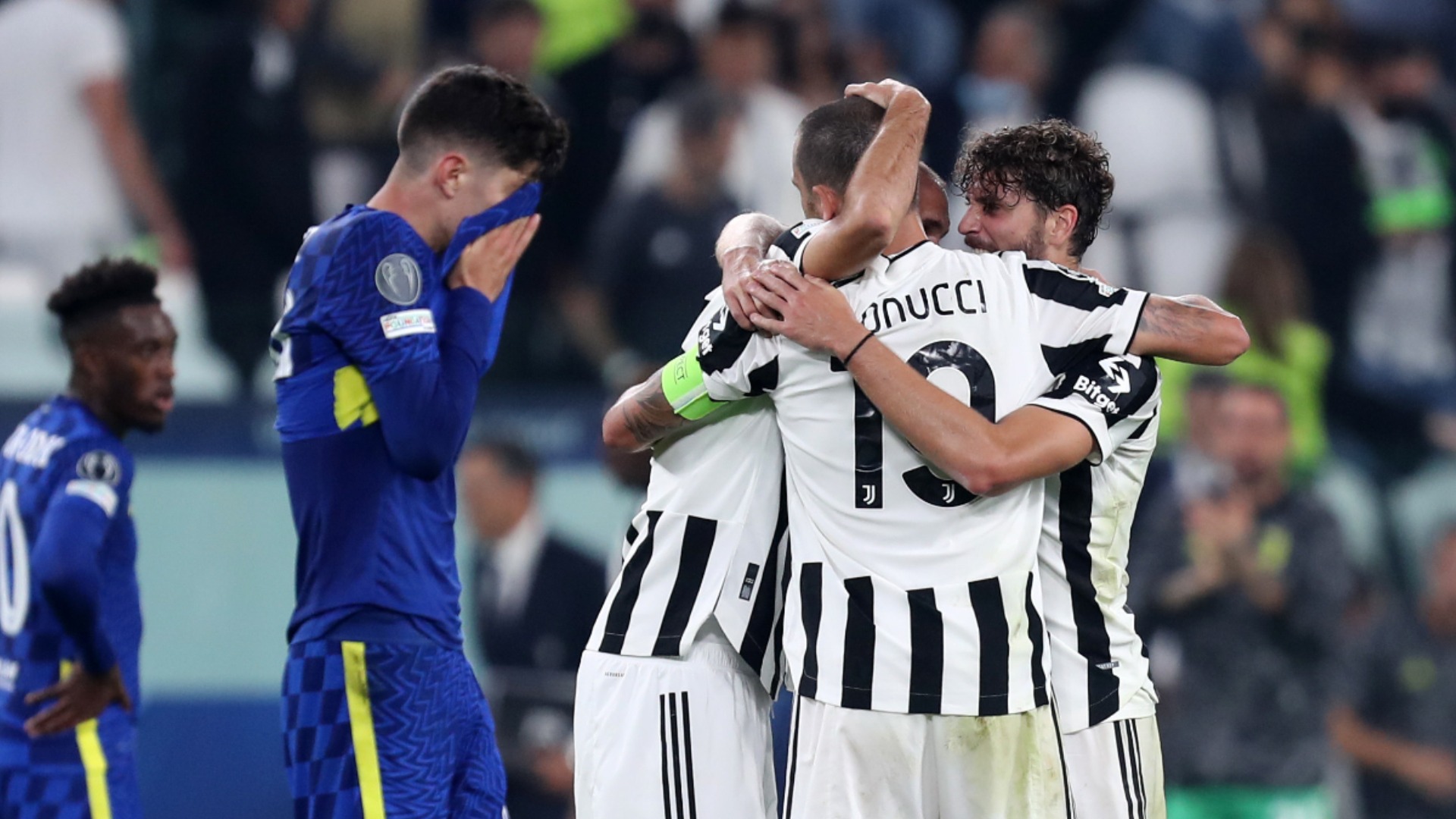 Juventus players celebrate their victory over Chelsea