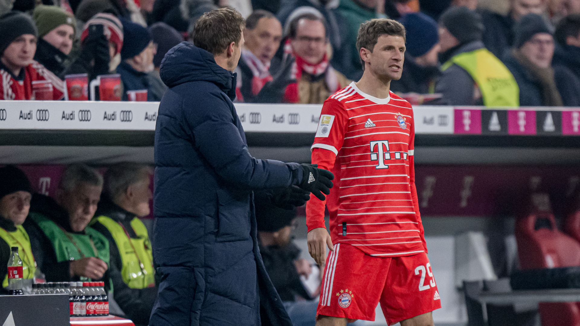 Julian Nagelsmann (L) took Thomas Muller (R) off after just 16 minutes last weekend