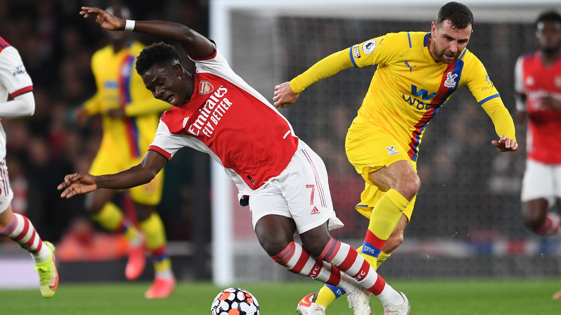 Saka was forced off through injury following a late challenge by McArthur
