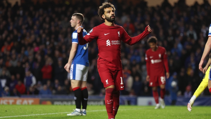 Liverpool's Mohamed Salah celebrates during his side's emphatic win over Rangers
