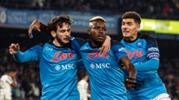 Victor Osimhen (c) celebrates with his Napoli team-mates