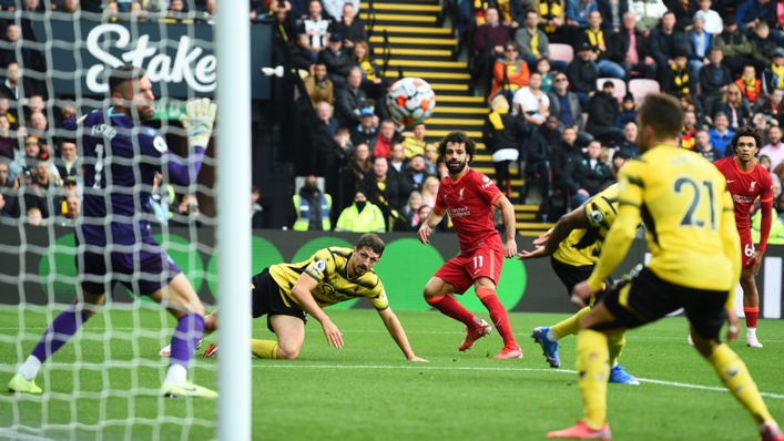 Mohamed Salah (centre) watches his strike find the net for Liverpool