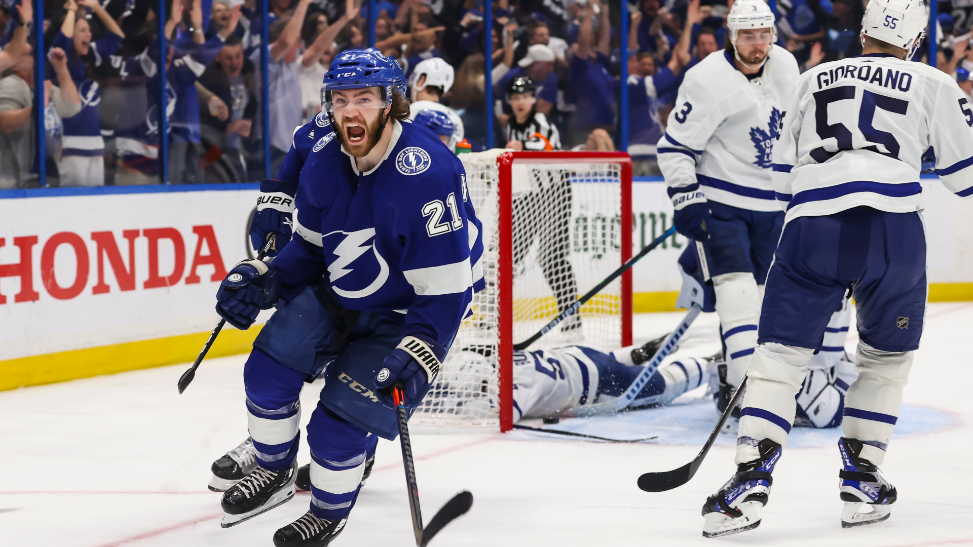 The Tampa Bay Lightning's Brayden Point celebrates his winning goal