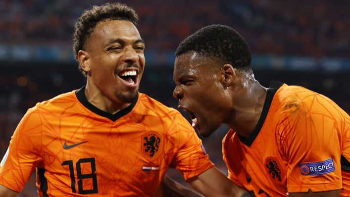 Denzel Dumfries (right) celebrates his second goal of Euro 2020