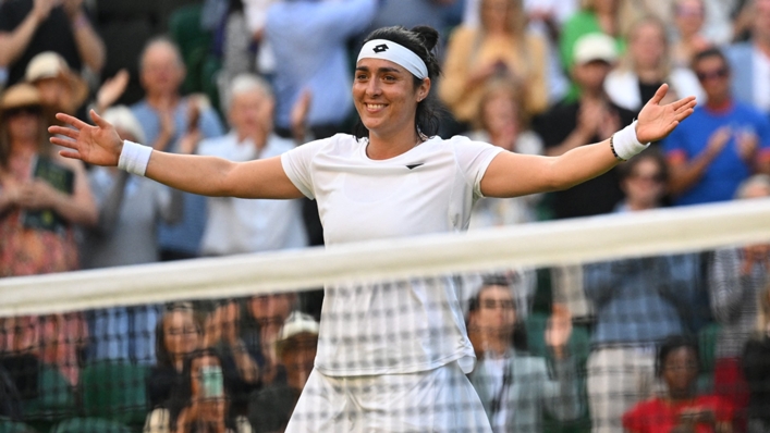 Ons Jabeur celebrates her Wimbledon quarter-final win