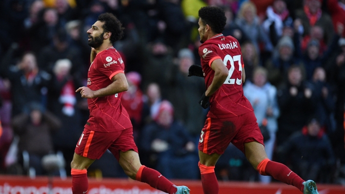 Mohamed Salah celebrates scoring his 150th goal for Liverpool