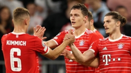 Benjamin Pavard celebrates with his Bayern Munich team-mates after scoring against Inter