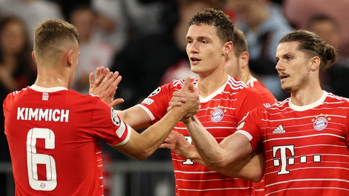 Benjamin Pavard celebrates with his Bayern Munich team-mates after scoring against Inter