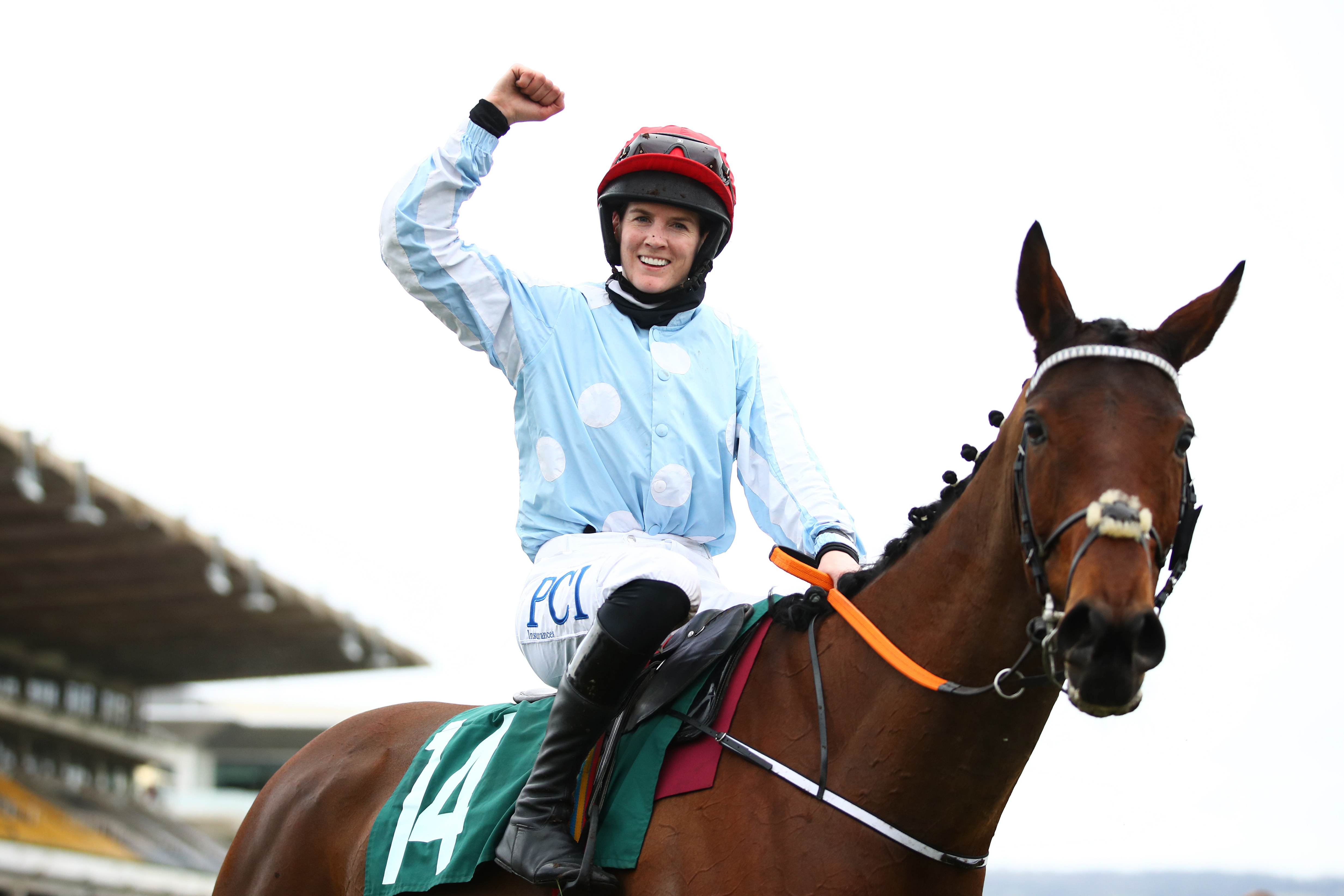 Rachael Blackmore celebrates after winning at Cheltenham aboard Telmesomethinggirl