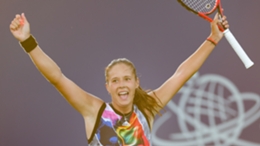 Daria Kasatkina celebrates after winning the Silicon Valley Classic