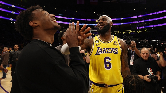 Bronny James with father LeBron James of the Los Angeles Lakers