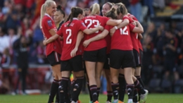 Manchester United  celebrate Hayley Ladd’s opener (Tim Goode/PA)