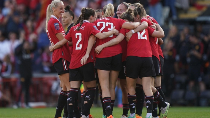 Manchester United  celebrate Hayley Ladd’s opener (Tim Goode/PA)