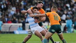 Santiago Carreras of Argentina is tackled by Jed Holloway of Australia during The Rugby Championship game in Mendoza