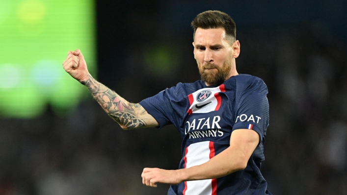 Lionel Messi celebrates scoring a free-kick against Nice