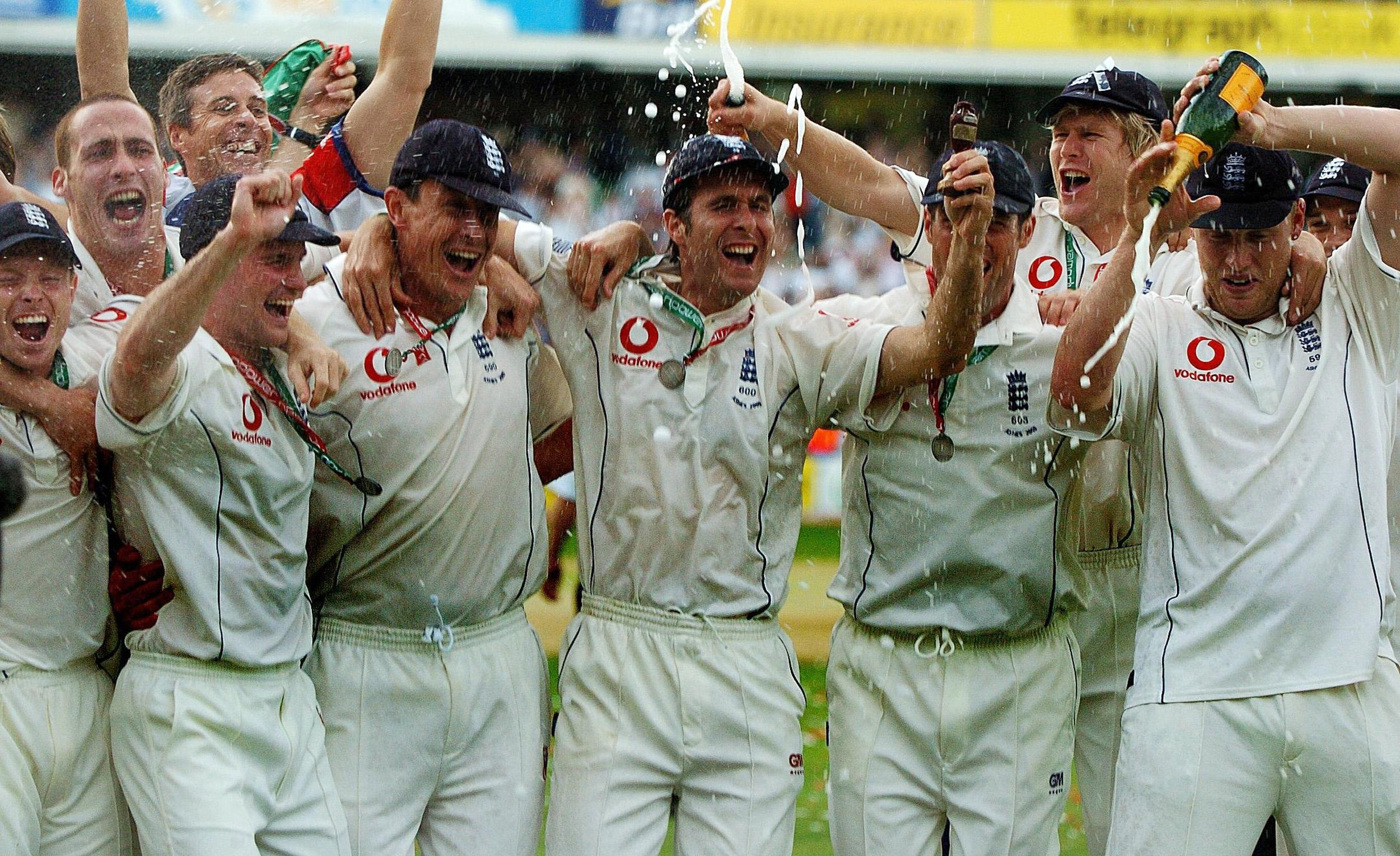 England captain Michael Vaughan celebrates 2005 Ashes series victory with his team-mates