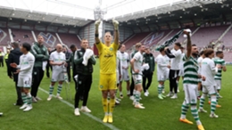 Celtic goalkeeper Joe Hart celebrates at Tynecastle (PA)