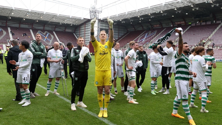 Celtic goalkeeper Joe Hart celebrates at Tynecastle (PA)