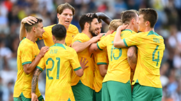 Mitchell Duke of the Socceroos celebrates after scoring against New Zealand